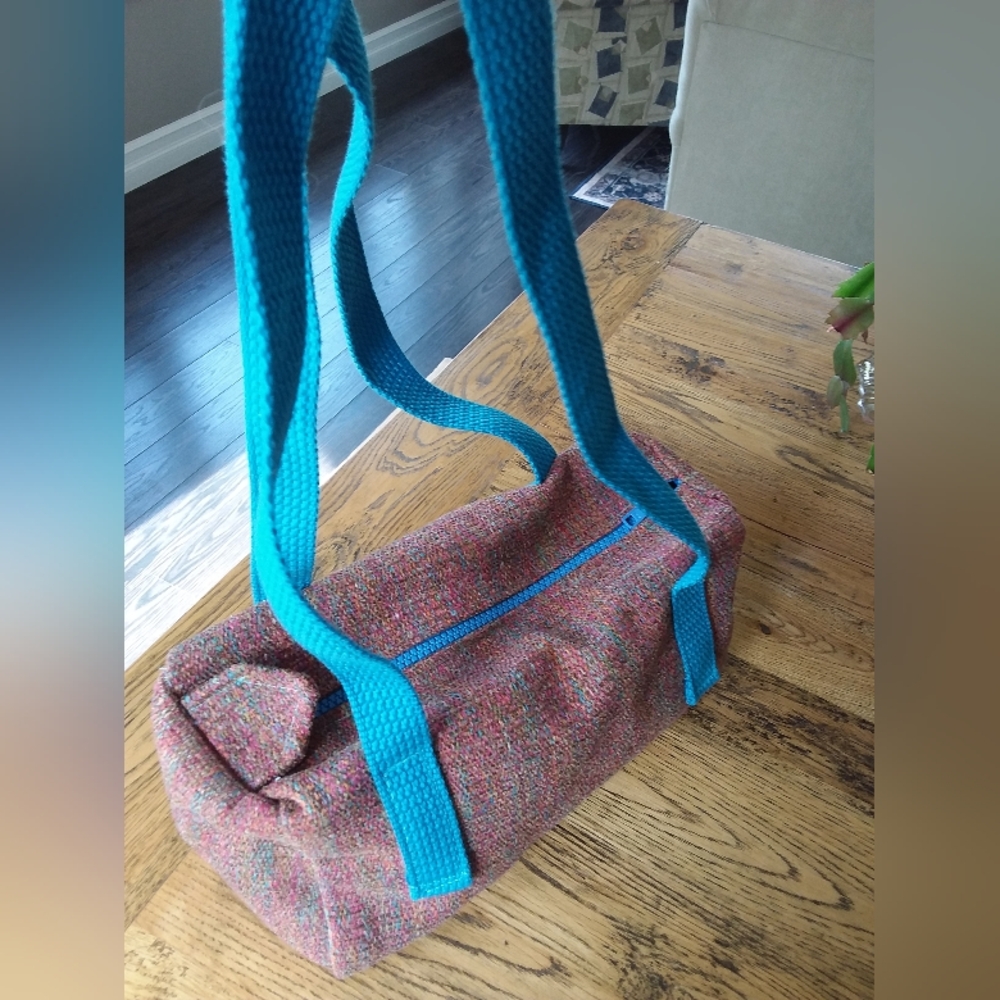 Handmade small duffle bag in multicolored pink/turquoise chenille